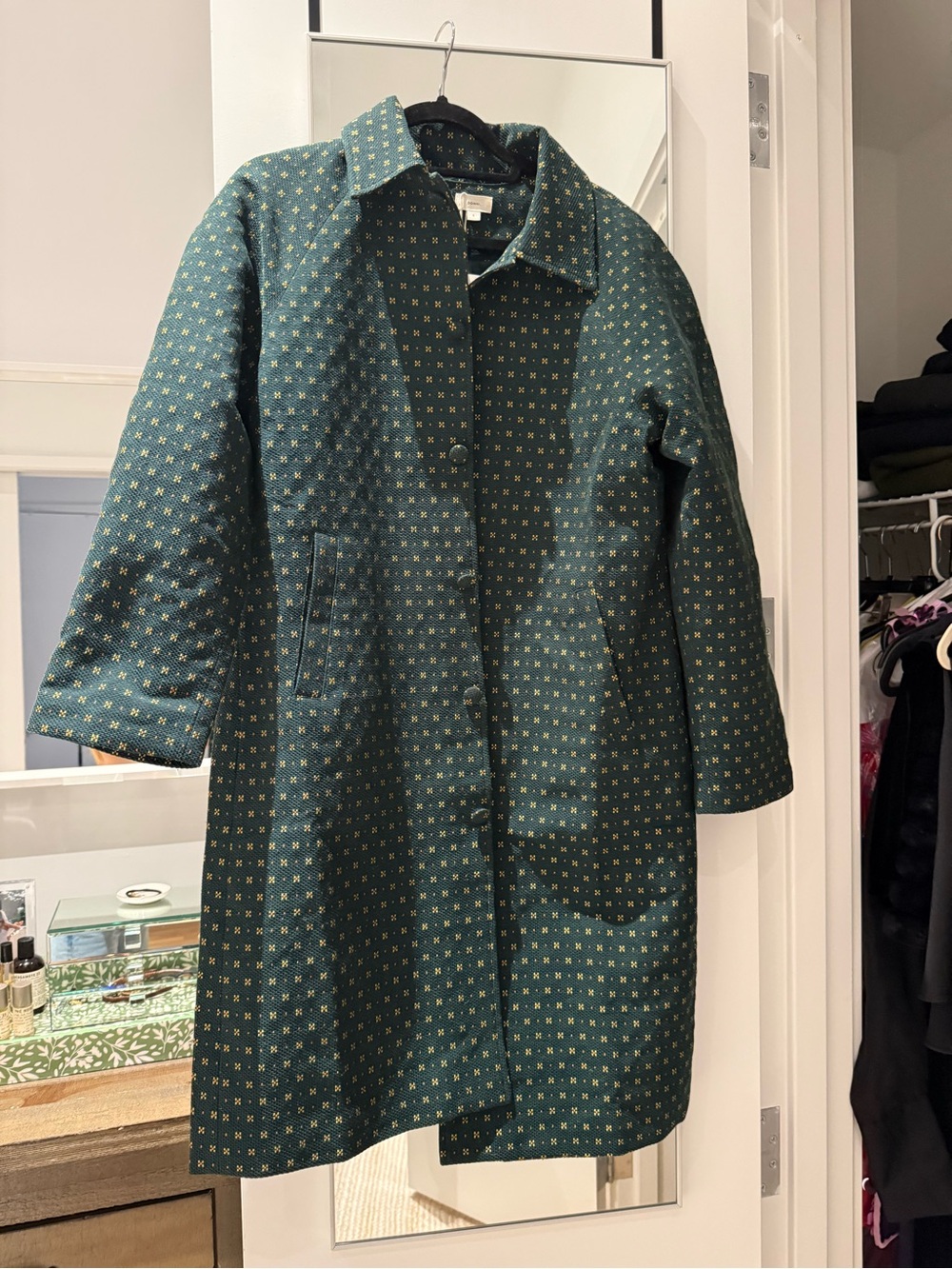 DONNI. Dark Green Daisy Coat with Yellow and Orange Accent Dots - Picture 8 of 11